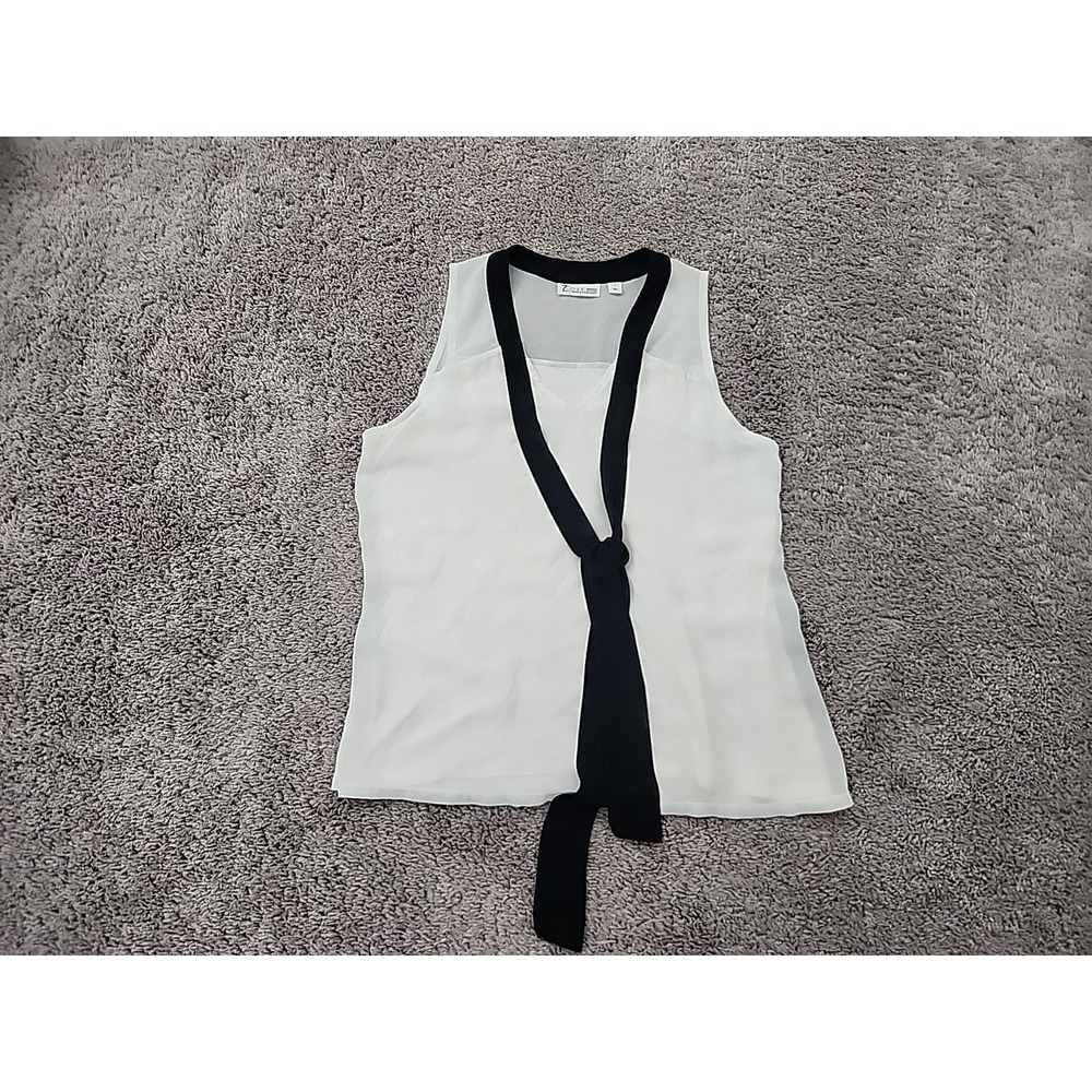 7th Avenue Top Womens S White Chiffon Overlay Black Tie Neck Sleeveless